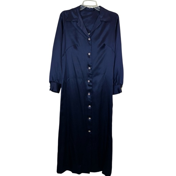 Vintage Sears Satin Navy Button Dress w/ Rhinestones 12